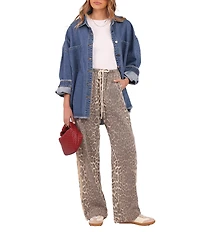 Petal & Pup Fletcher Leopard High-Waisted Wide Leg Denim Racer Pants