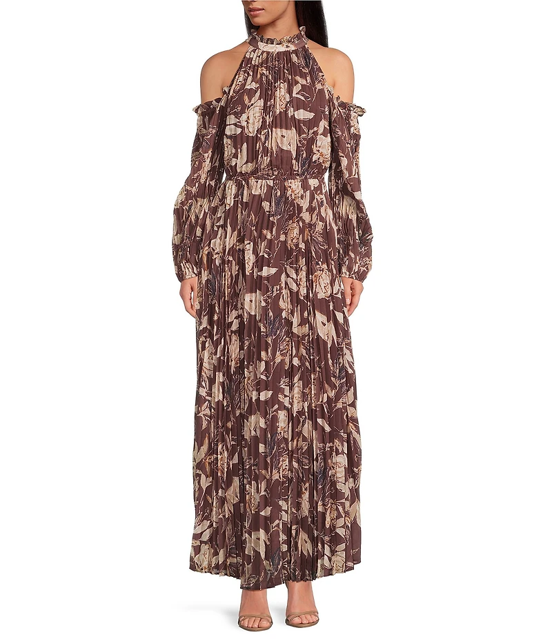 Petal & Pup Hilary Floral Print Mock Neck Off The Shoulder Long Sleeve Pleated Maxi Dress