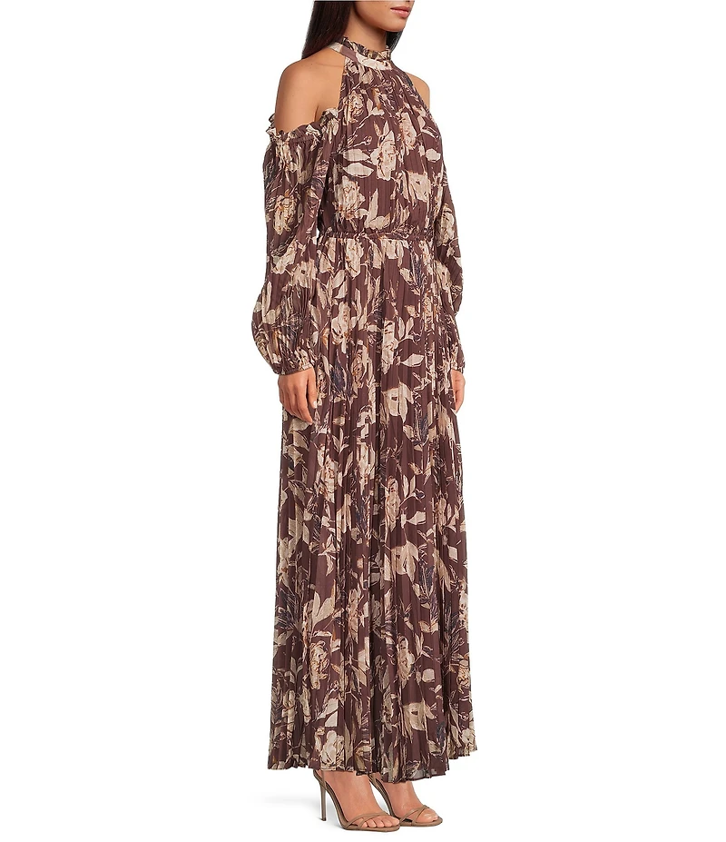 Petal & Pup Hilary Floral Print Mock Neck Off The Shoulder Long Sleeve Pleated Maxi Dress