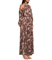 Petal & Pup Hilary Floral Print Mock Neck Off The Shoulder Long Sleeve Pleated Maxi Dress