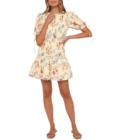 Petal & Pup Kaelyn Floral Print High Neck Short Sleeve Shirred Drop Waist Mini Dress