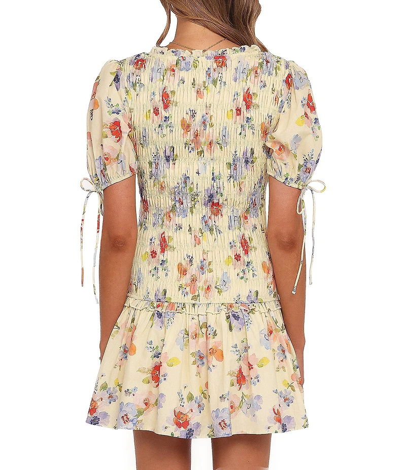 Petal & Pup Kaelyn Floral Print High Neck Short Sleeve Shirred Drop Waist Mini Dress