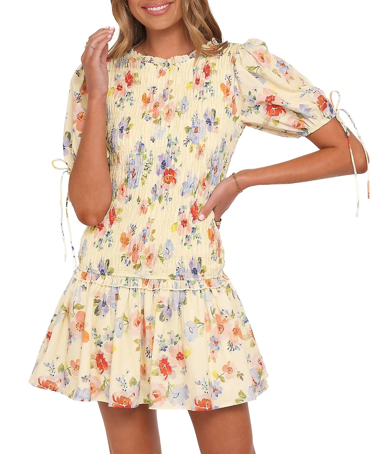Petal & Pup Kaelyn Floral Print High Neck Short Sleeve Shirred Drop Waist Mini Dress