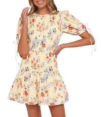 Petal & Pup Kaelyn Floral Print High Neck Short Sleeve Shirred Drop Waist Mini Dress