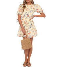 Petal & Pup Kaelyn Floral Print High Neck Short Sleeve Shirred Drop Waist Mini Dress
