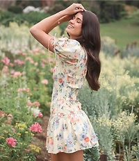 Petal & Pup Kaelyn Floral Print High Neck Short Sleeve Shirred Drop Waist Mini Dress