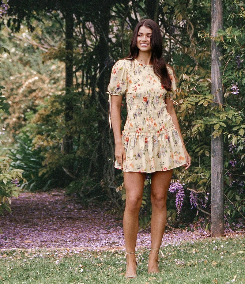 Petal & Pup Kaelyn Floral Print High Neck Short Sleeve Shirred Drop Waist Mini Dress