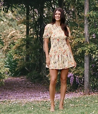 Petal & Pup Kaelyn Floral Print High Neck Short Sleeve Shirred Drop Waist Mini Dress