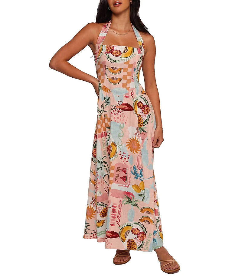 Petal & Pup Kiera Linen Blend Summer Fruit Print Halter Neck Sleeveless Midi Dress