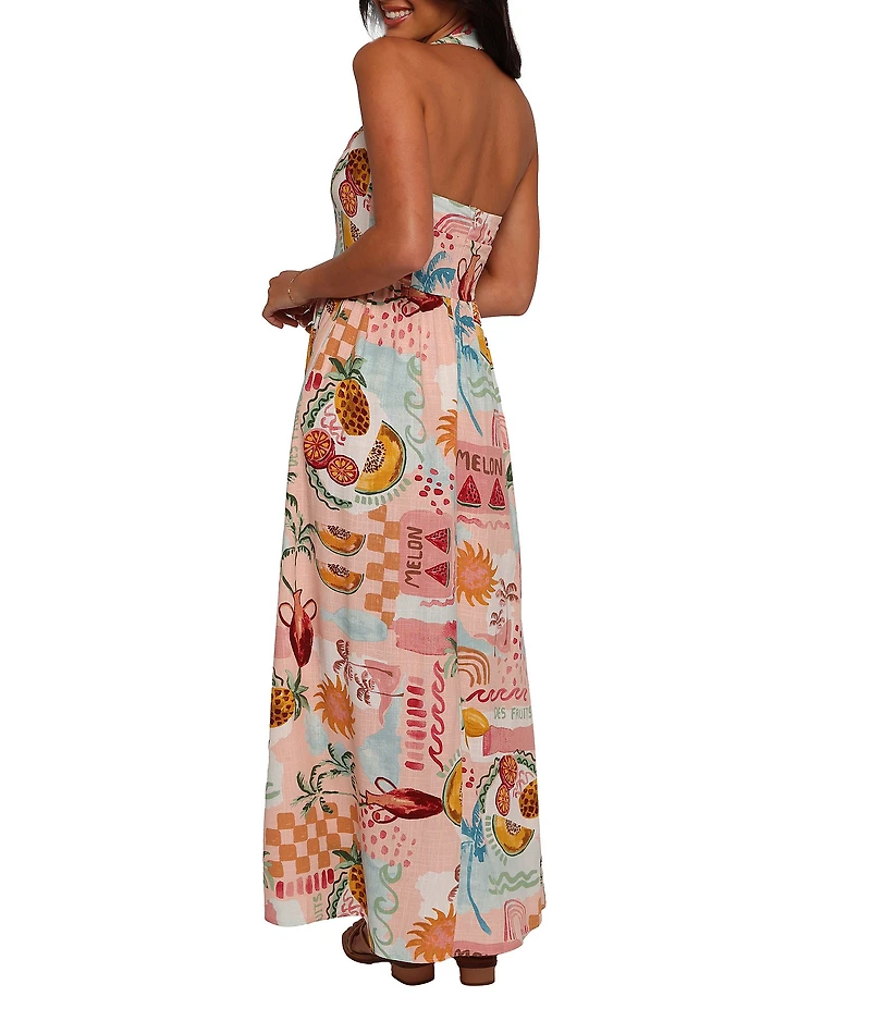 Petal & Pup Kiera Linen Blend Summer Fruit Print Halter Neck Sleeveless Midi Dress