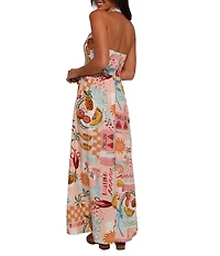 Petal & Pup Kiera Linen Blend Summer Fruit Print Halter Neck Sleeveless Midi Dress