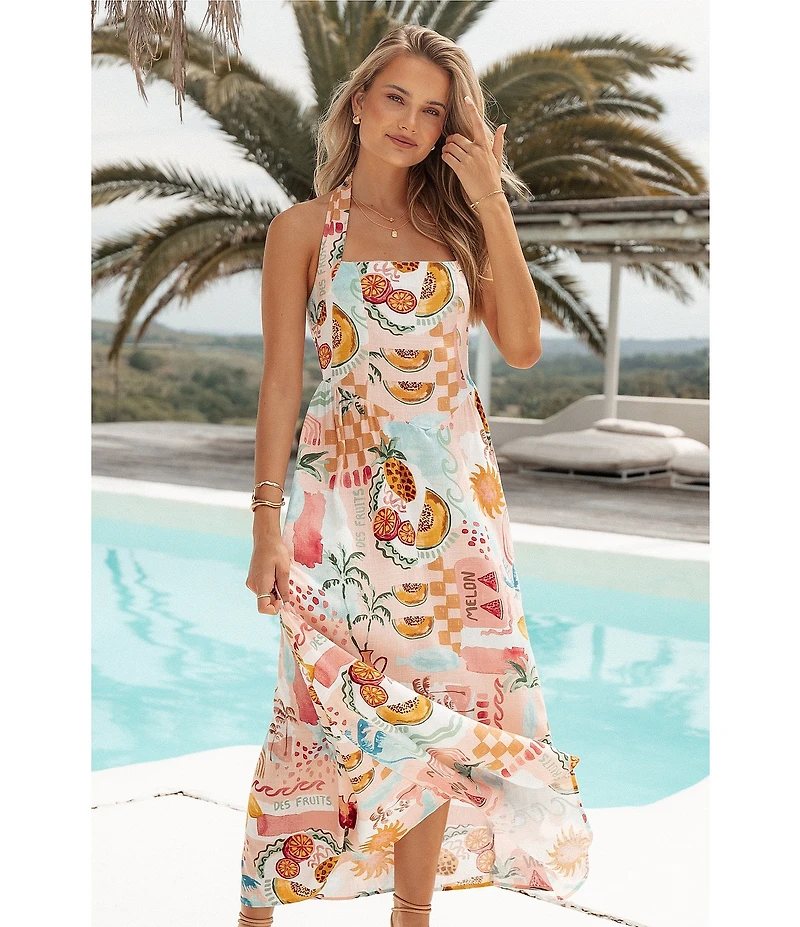 Petal & Pup Kiera Linen Blend Summer Fruit Print Halter Neck Sleeveless Midi Dress