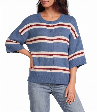 Petal & Pup Lilith Stripe Round Neck Short Sleeve Button Front Knit Sweater Top