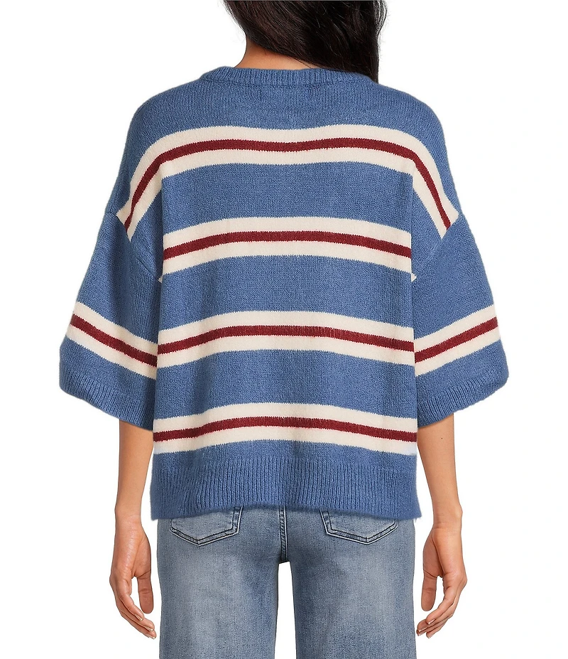 Petal & Pup Lilith Stripe Round Neck Short Sleeve Button Front Knit Sweater Top