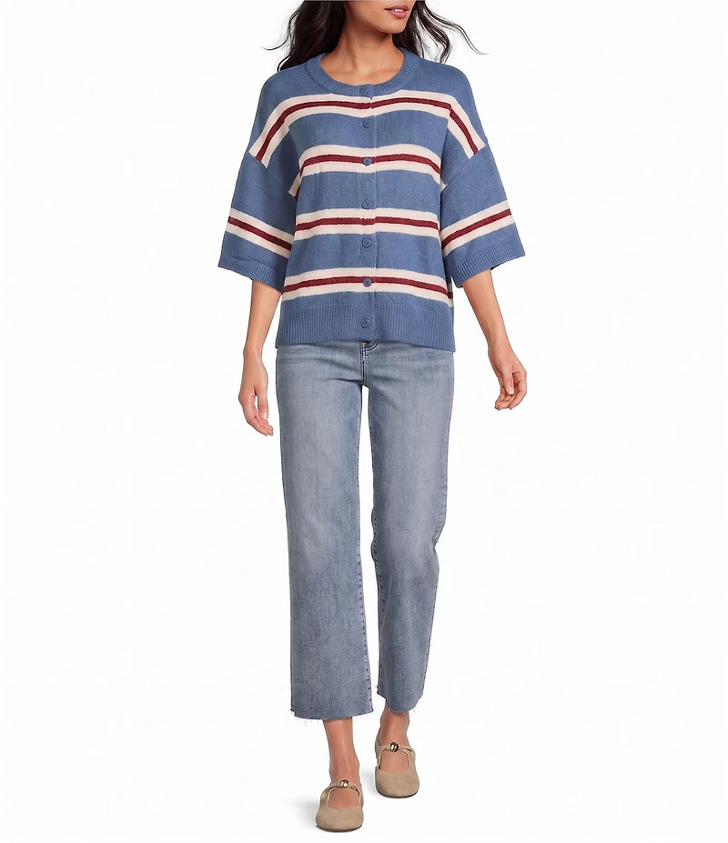 Petal & Pup Lilith Stripe Round Neck Short Sleeve Button Front Knit Sweater Top