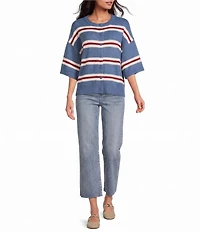 Petal & Pup Lilith Stripe Round Neck Short Sleeve Button Front Knit Sweater Top