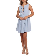 Petal & Pup Madeline Linen Blend Round Neck Pleated Tie Front Mini Dress