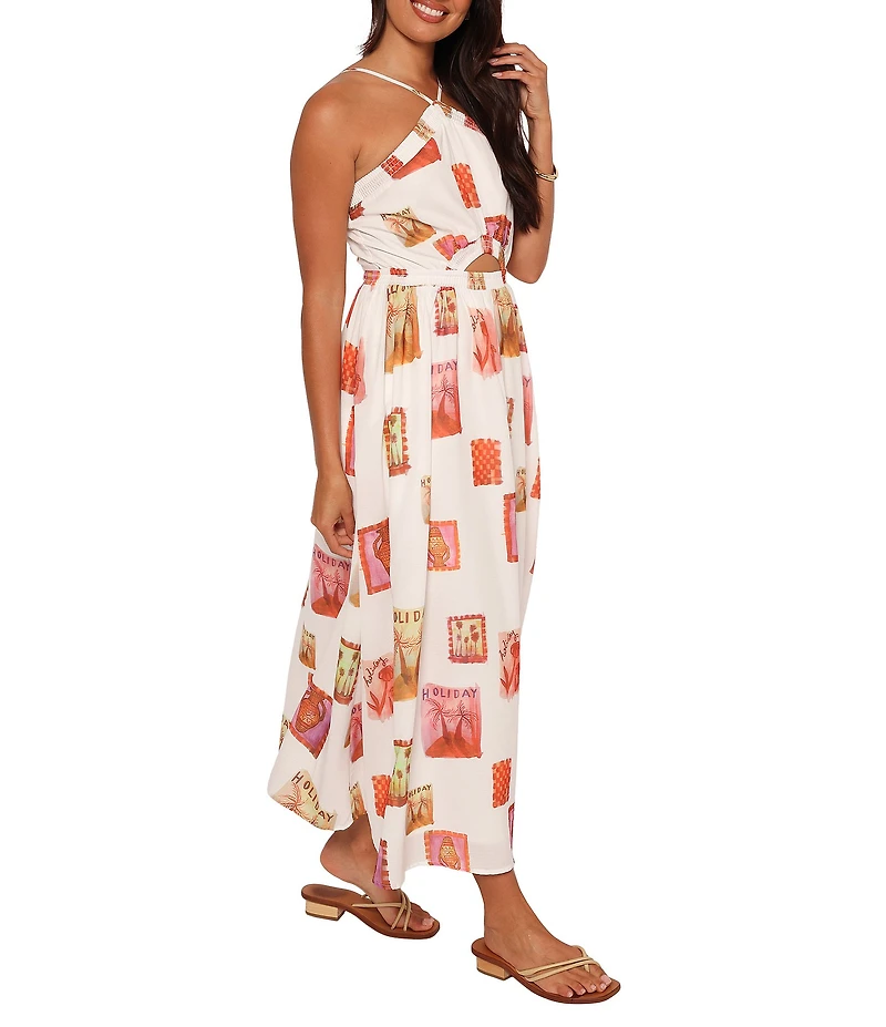 Petal & Pup Madi Abstract Postcard Print Halter Neck Sleeveless Cut Out Fit And Flare Maxi Dress