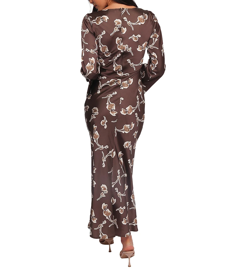 Petal & Pup Maia Floral Print Round Neck Long Sleeve Satin Maxi Dress