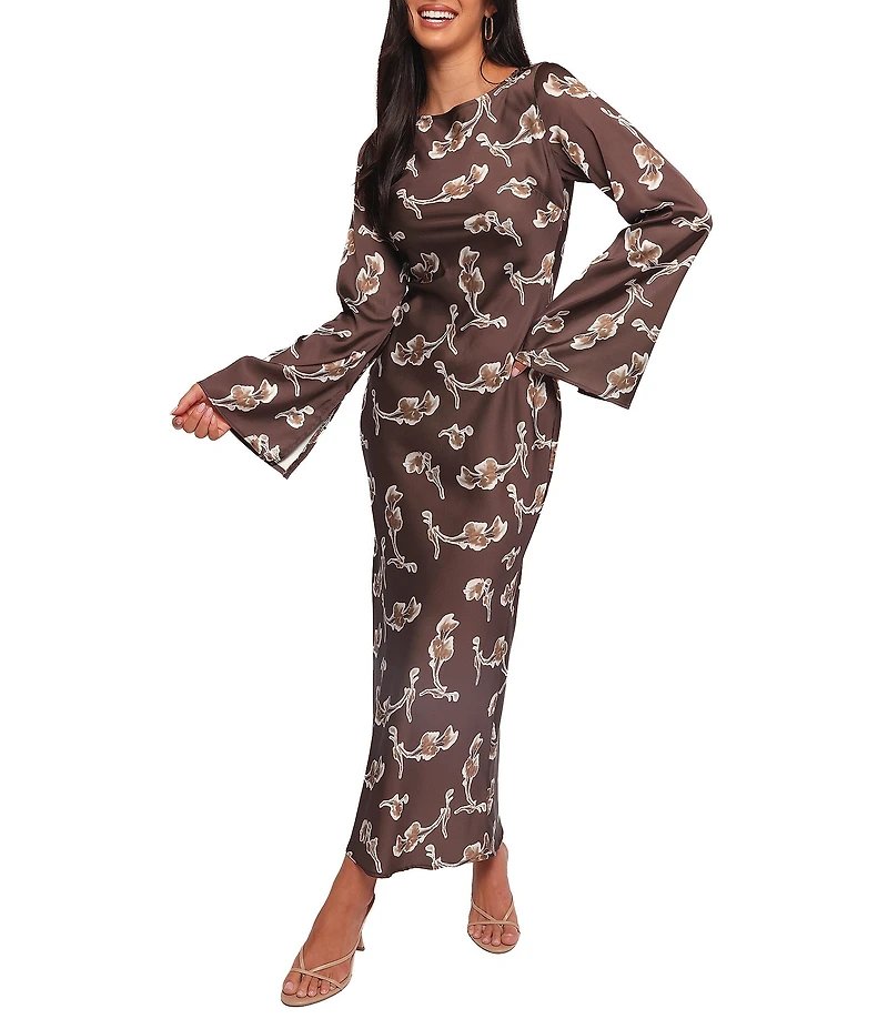 Petal & Pup Maia Floral Print Round Neck Long Sleeve Satin Maxi Dress