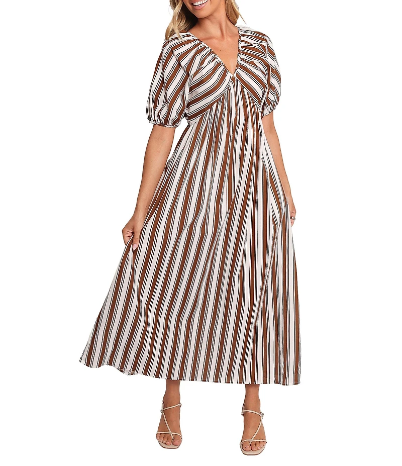 Petal & Pup Sullivan Stripe Print V-Neck Puff Sleeves Tie Back Maxi Dress