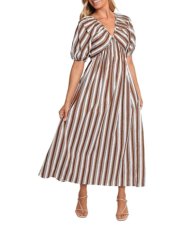 Petal & Pup Sullivan Stripe Print V-Neck Puff Sleeves Tie Back Maxi Dress