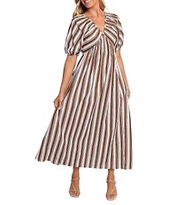 Petal & Pup Sullivan Stripe Print V-Neck Puff Sleeves Tie Back Maxi Dress
