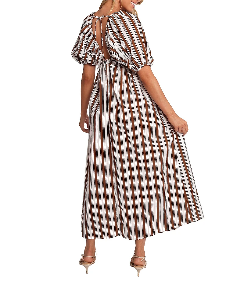 Petal & Pup Sullivan Stripe Print V-Neck Puff Sleeves Tie Back Maxi Dress