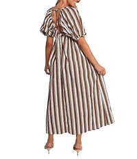 Petal & Pup Sullivan Stripe Print V-Neck Puff Sleeves Tie Back Maxi Dress