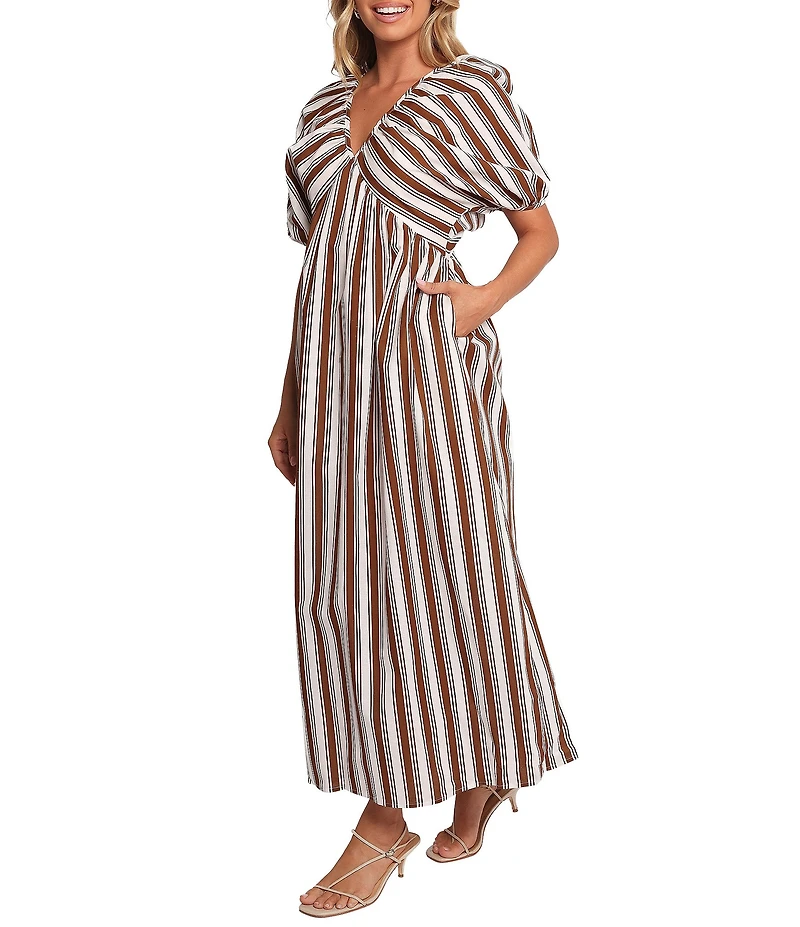 Petal & Pup Sullivan Stripe Print V-Neck Puff Sleeves Tie Back Maxi Dress