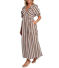 Petal & Pup Sullivan Stripe Print V-Neck Puff Sleeves Tie Back Maxi Dress