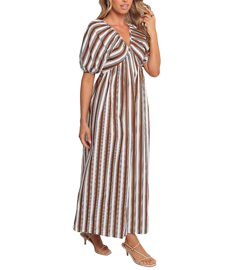 Petal & Pup Sullivan Stripe Print V-Neck Puff Sleeves Tie Back Maxi Dress