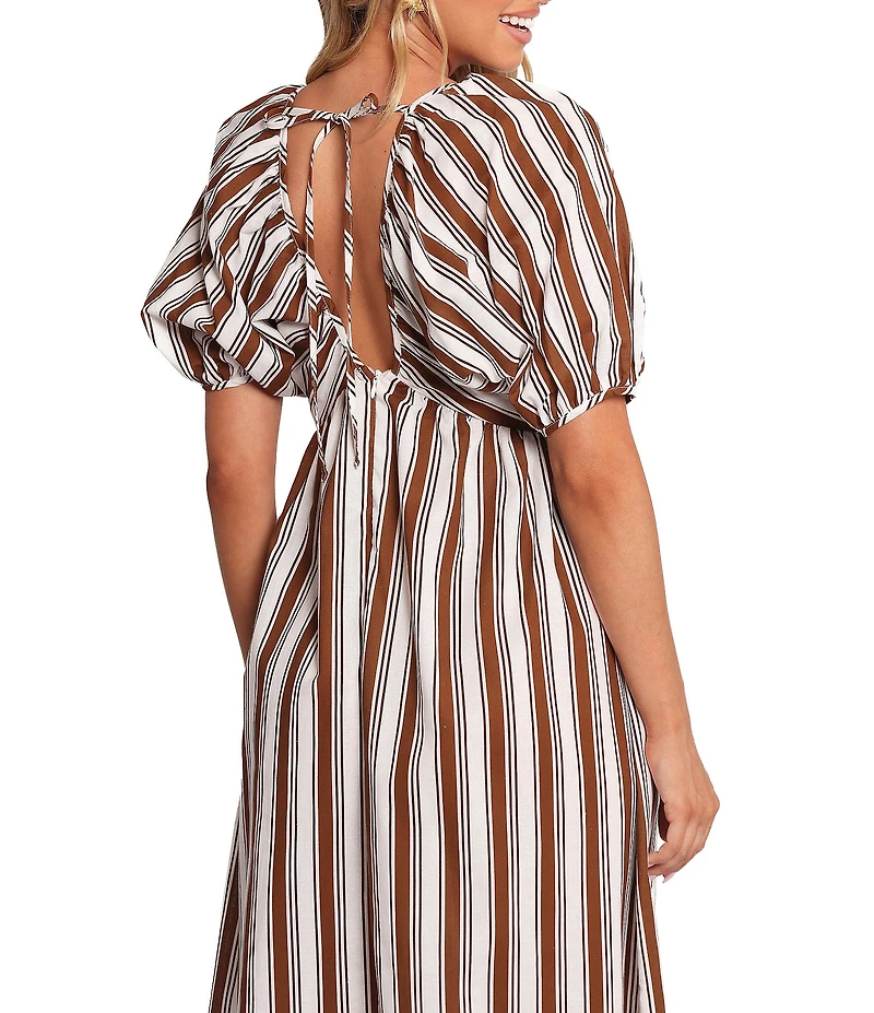 Petal & Pup Sullivan Stripe Print V-Neck Puff Sleeves Tie Back Maxi Dress