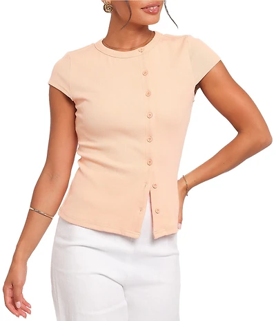 Petal & Pup Tatum Ribbed Knit High Neck Cap Sleeve Asymmetrical Button Front Top