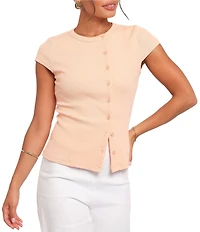 Petal & Pup Tatum Ribbed Knit High Neck Cap Sleeve Asymmetrical Button Front Top