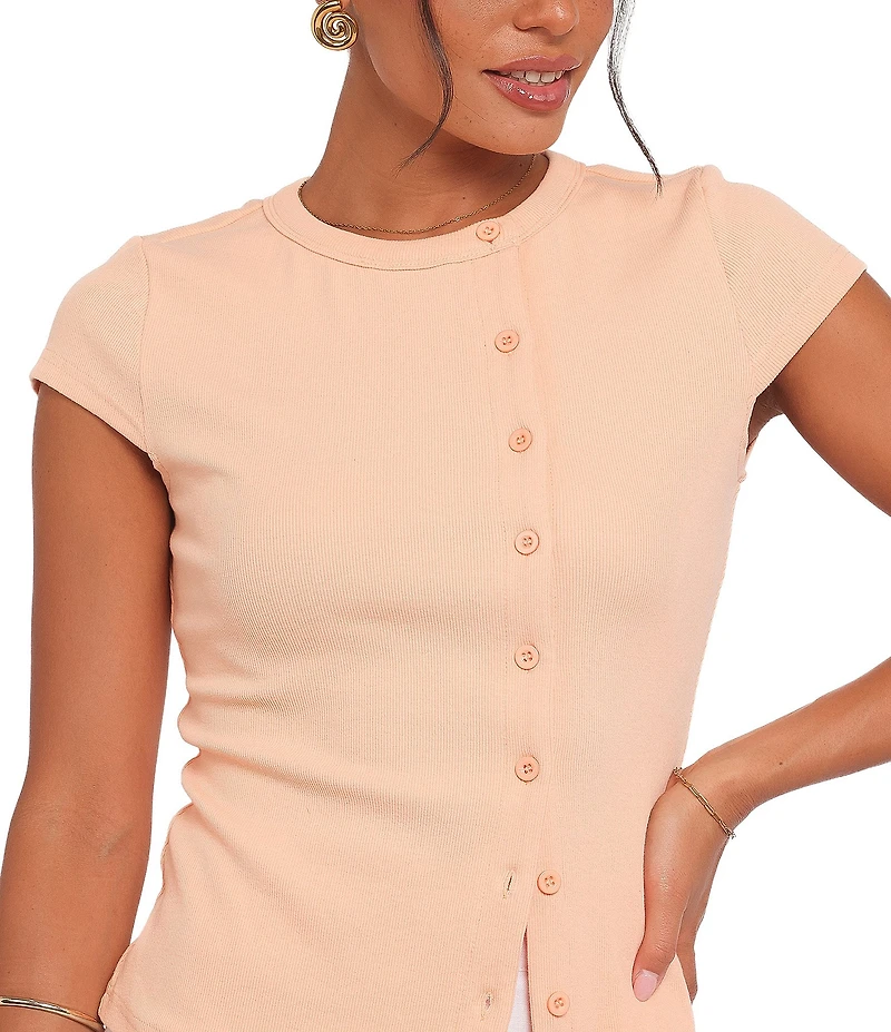 Petal & Pup Tatum Ribbed Knit High Neck Cap Sleeve Asymmetrical Button Front Top