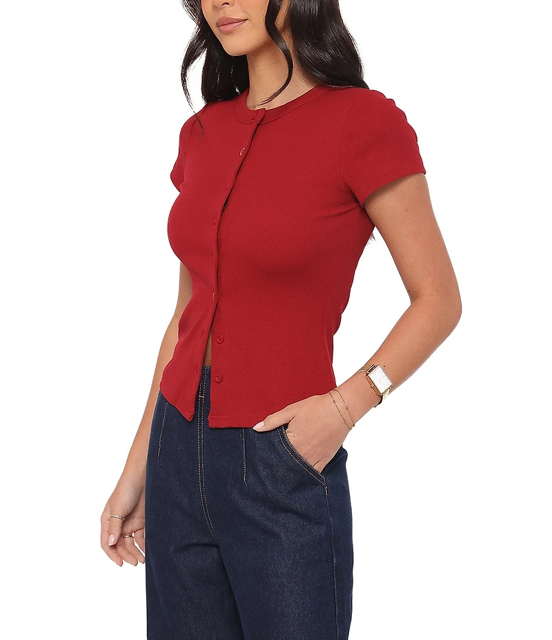 Petal & Pup Tylarah Round Neck Short Sleeve Ribbed Cardigan Top