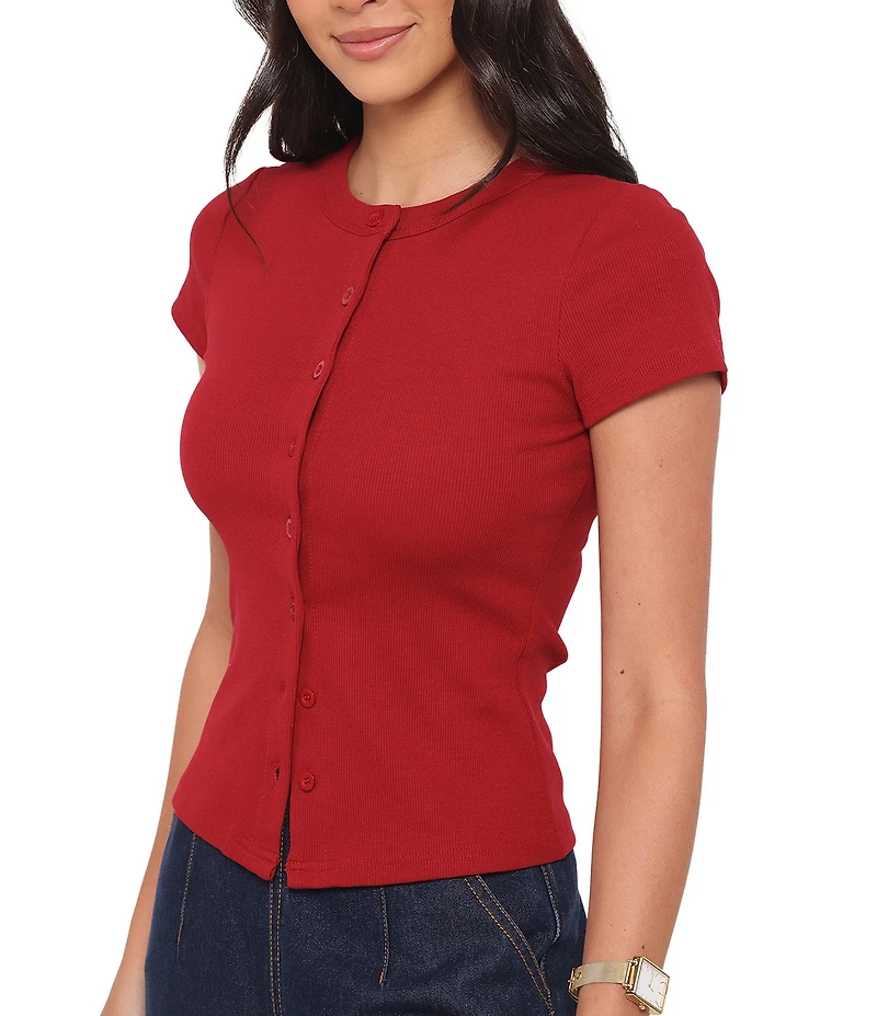 Petal & Pup Tylarah Round Neck Short Sleeve Ribbed Cardigan Top