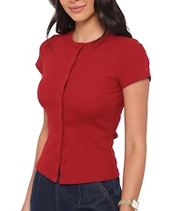 Petal & Pup Tylarah Round Neck Short Sleeve Ribbed Cardigan Top