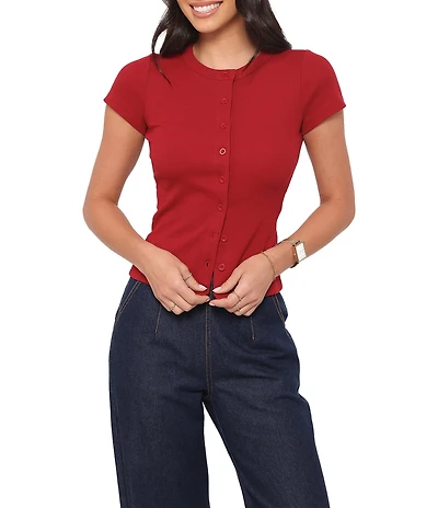 Petal & Pup Tylarah Round Neck Short Sleeve Ribbed Cardigan Top