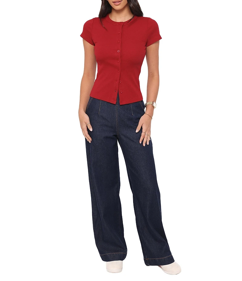 Petal & Pup Tylarah Round Neck Short Sleeve Ribbed Cardigan Top