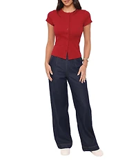 Petal & Pup Tylarah Round Neck Short Sleeve Ribbed Cardigan Top