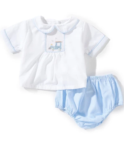 Petit Ami Baby Boys Hand Picture Smocked Train Top & Coordinating Stripe Diaper Cover Set
