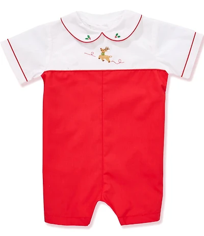 Petit Ami Baby Boys Short-Sleeve Color Block Reindeer-Embroidered Shortall