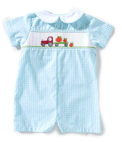 Petit Ami Baby Boys Short-Sleeve Smocked Pumpkin/Tractor-Motif Checked Romper