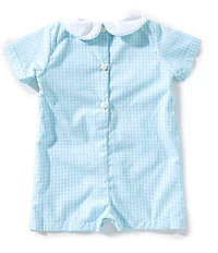 Petit Ami Baby Boys Short-Sleeve Smocked Pumpkin/Tractor-Motif Checked Romper