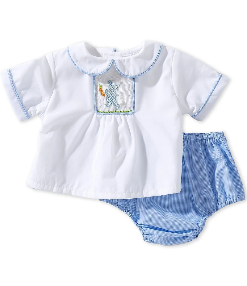 Petit Ami Baby Boys Short Sleeve Peter Pan Collar Bunny Smocked Top & Diaper Set