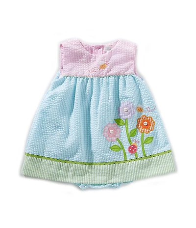 Petit Ami Baby Girls Color Block/Checked Flower-Appliqued Seersucker Empire-Waist Dress