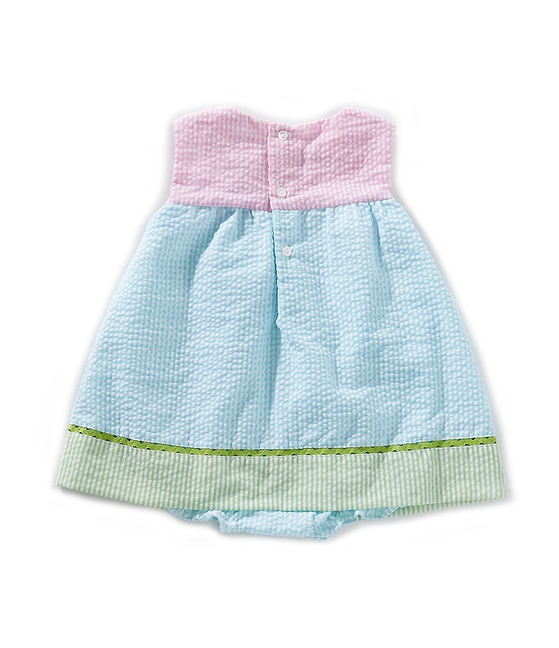 Petit Ami Baby Girls Color Block/Checked Flower-Appliqued Seersucker Empire-Waist Dress