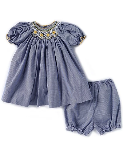 Petit Ami Baby Girls Puffed Sleeve Sunflower-Embroidered Bishop-Smocked Checked Fit & Flare Dress